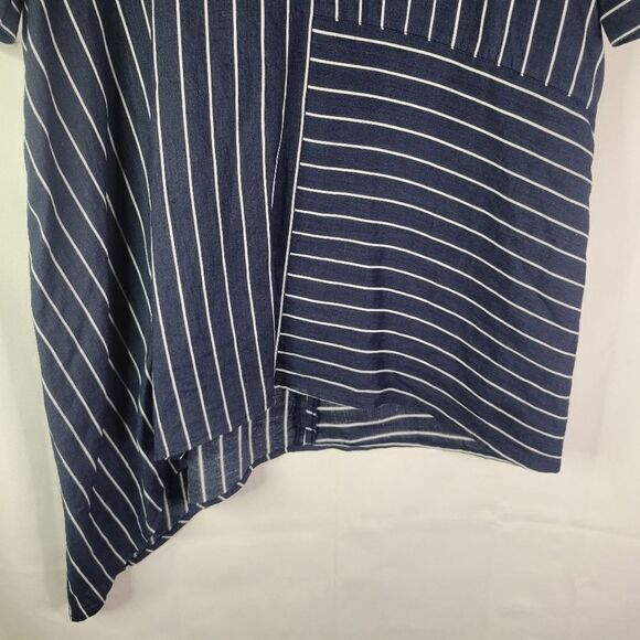 Korean 100% Linen Navy and White Asymmetrical Blouse - Picture 6 of 12
